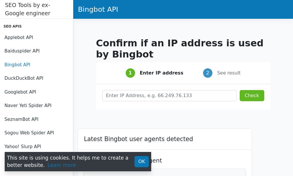 Screenshot of Bingbot API