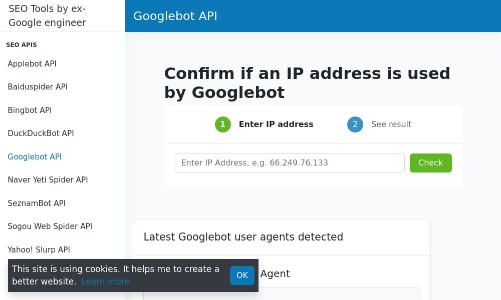 Screenshot of Googlebot API